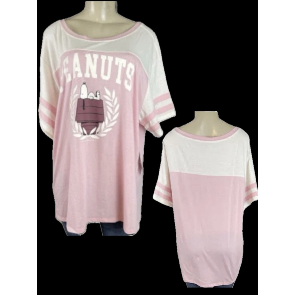 The Vinyl Icons Snoopy Peanuts Varsity Crew Half Sleeve T-Shirt Pink White 2X